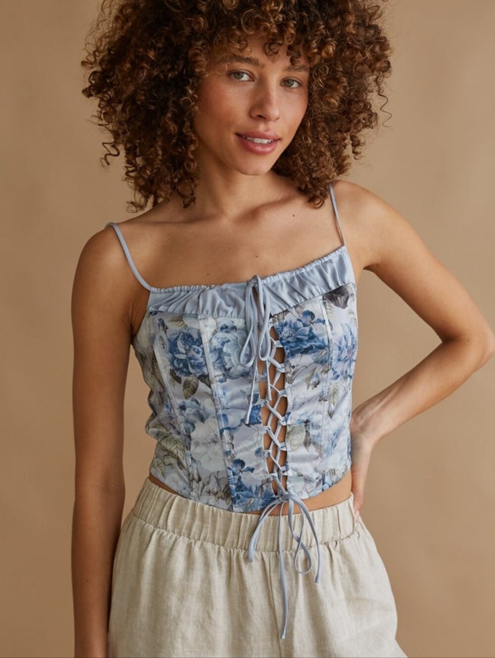 American Thread Floral Lace-Up Corset Top Blue Medium